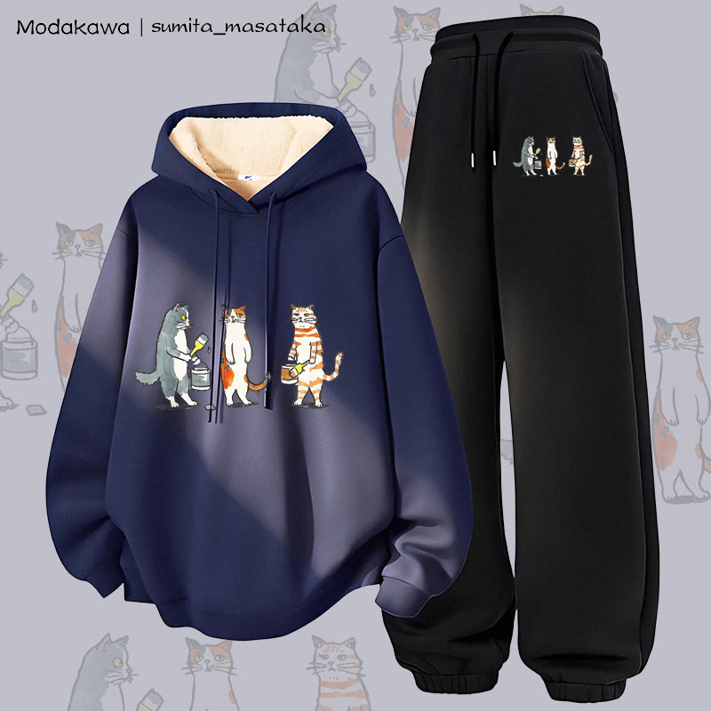 MODAKAWA X sumita_masataka Cat Painter Graphic Thick Fleece Lined Hoodie Pants Two Pieces Set - Purplish Blue&Black - 5XL - image 3