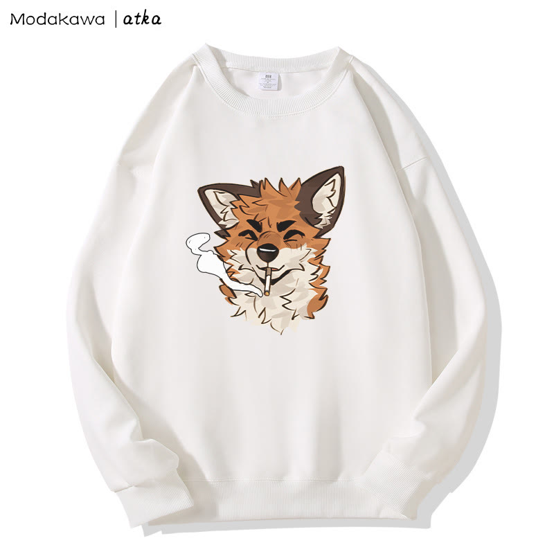 MODAKAWA X atka Fox Smoking Graphic Round Collar Sweatshirt - White - 5XL - image 4