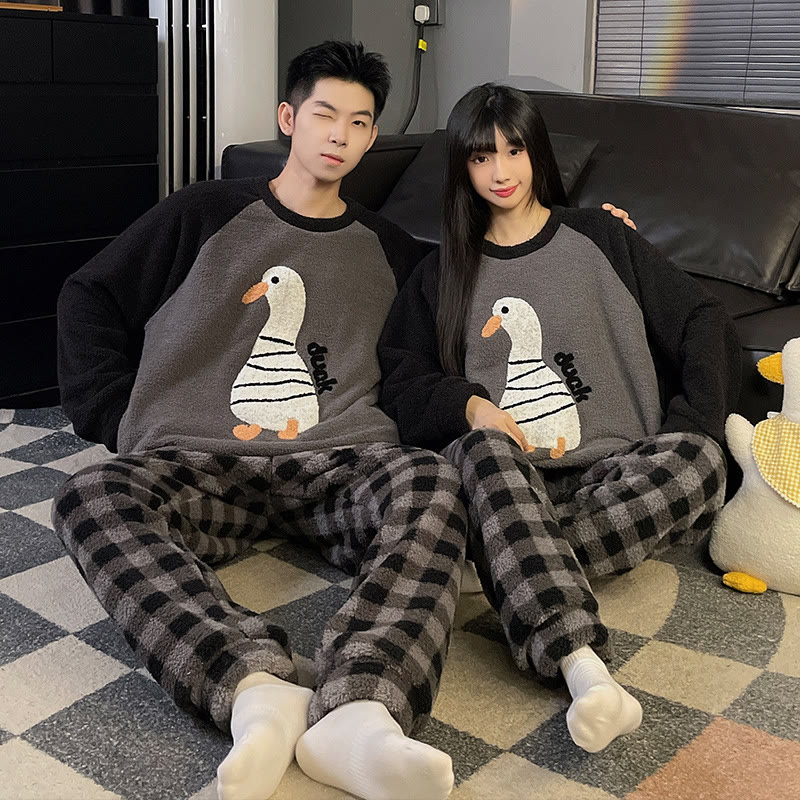 Cute Cartoon Coral Fleece Couple Pajamas - Duck - Men:3XL - image 7