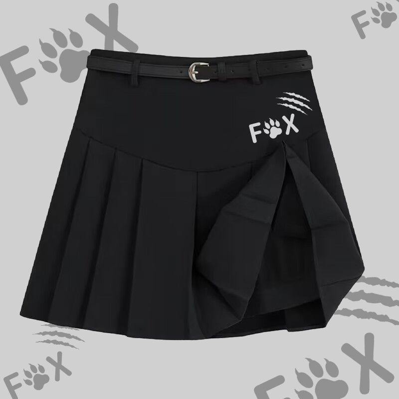 MODAKAWA X atka Funny Fox Square Neck T-shirt Belt Pleated Skirt Matching Outfit - Black Skirt - 2XL - image 5