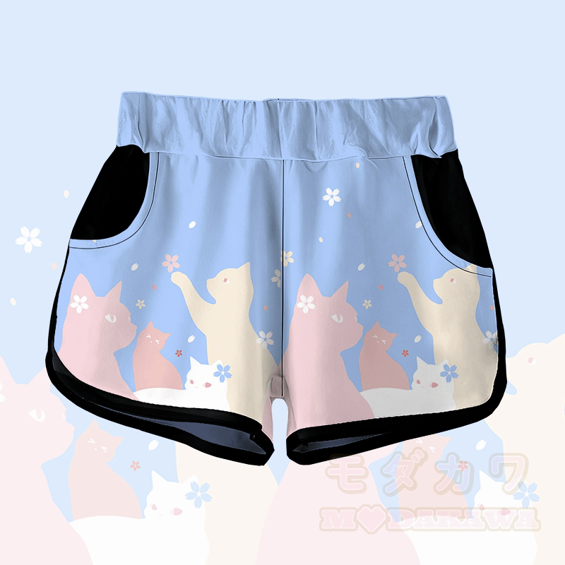 MODAKAWA Sakura Cat Graphic Shorts - Blue - 5XL - image 3