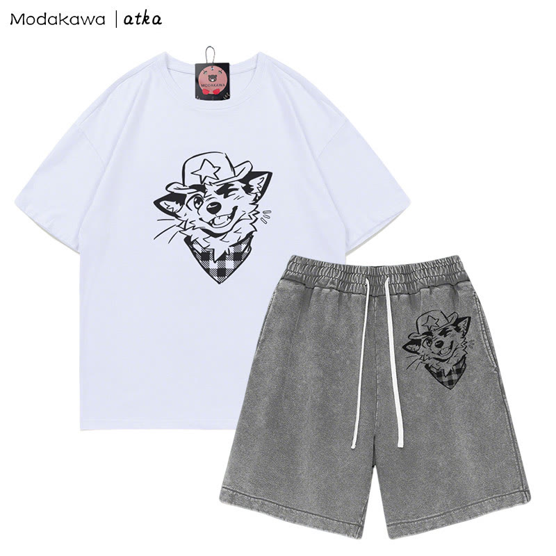 MODAKAWA X atka Cowboy Fox Winking Graphic T-shirt Vintage Washed Shorts Two Pieces Set - White&Grey - 3XL - image 8