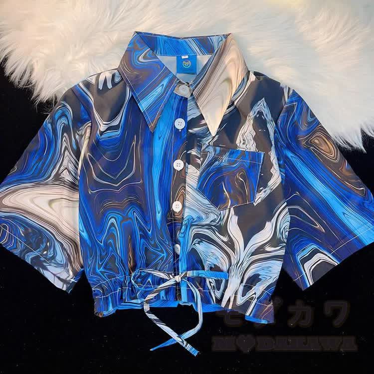 Tropical Print Cropped Button-Up Shirt - Multicolor J - L - image 12