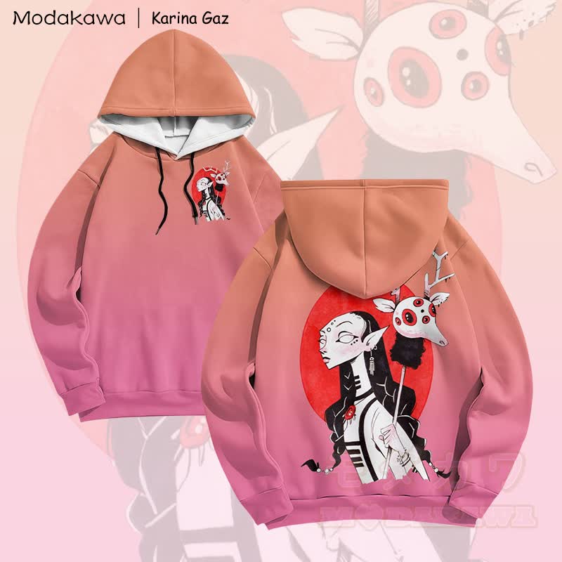 MODAKAWA X Karina Gaz Dark Fantasy Anime Girl Graphic Gradient Pullover Hoodie - Orange & Pink - 6XL - image 3