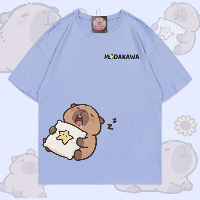 Sleepy Capybara Graphic Modakawa 100% Cotton T-shirt - Dusty Blue - 5XL - image 4