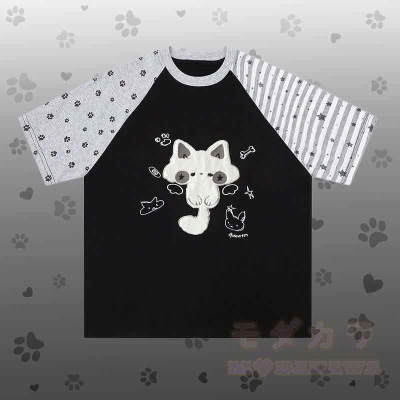 Flock Cat Graphic Raglan T-shirt Kitty Gingham Shorts Modakawa Matching Outfit - Black T-shirt - L - image 5