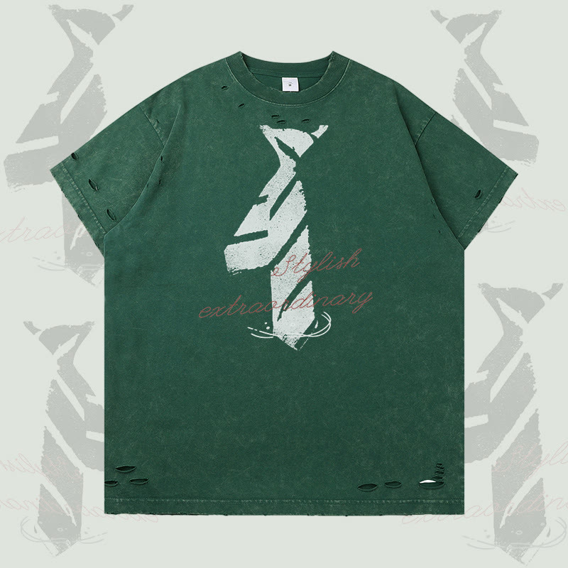 Tie Letter Graphic Modakawa Ripped T-shirt - Dark Green - 2XL - image 2