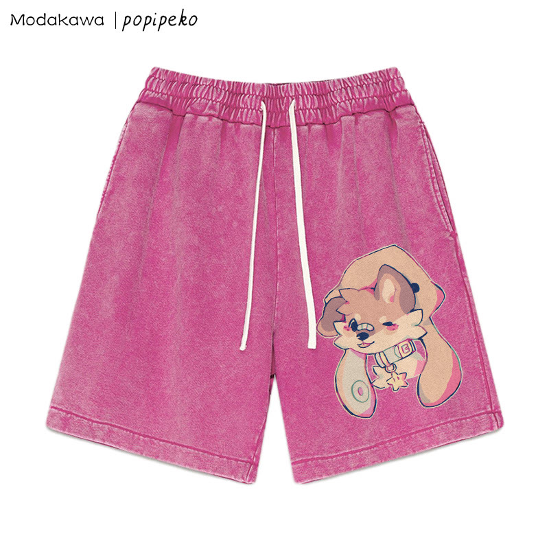 MODAKAWA X popipeko Puppy Print Vintage Washed Shorts - Rose Red - 3XL - image 5