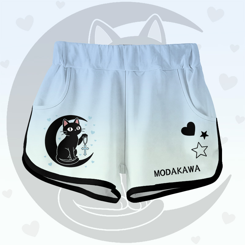 Gradient Black Cat Moon Graphic Modakawa Shorts - Blue A - 5XL - image 6