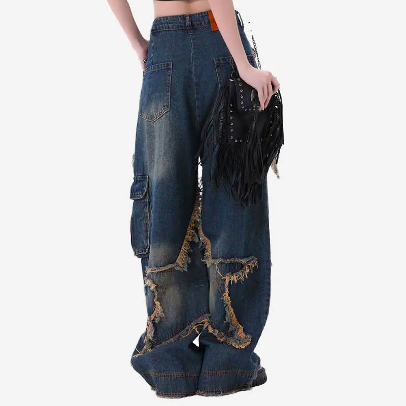 Vintage Star Pattern Loose Denim Pants - image 6