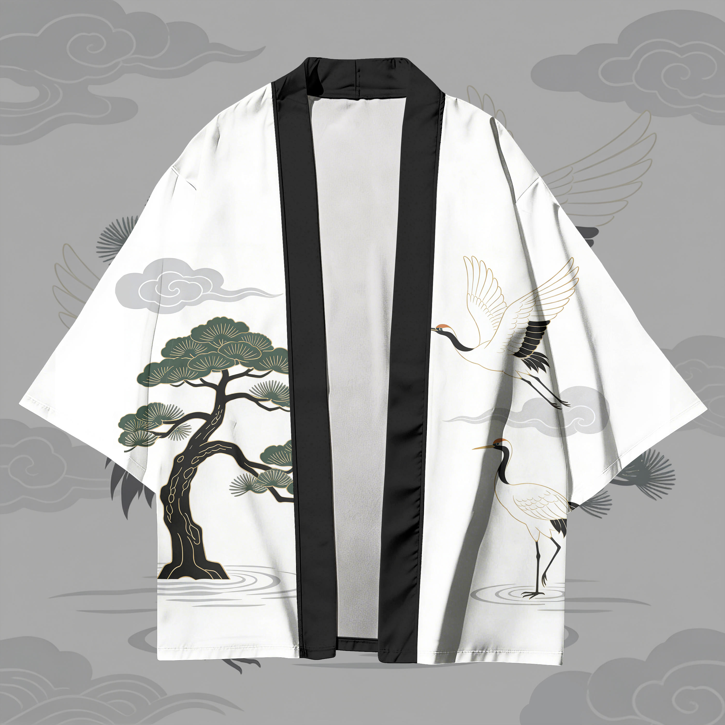 Pine Tree White Crane Graphic Modakawa Cardigan Kimono Outerwear - image 2