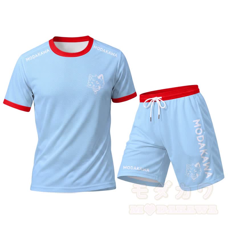 MODAKAWA X popipeko Cat Graphic Men's Sports T-shirt Drawstring Shorts Matching Outfit - Blue Set - 5XL - image 12