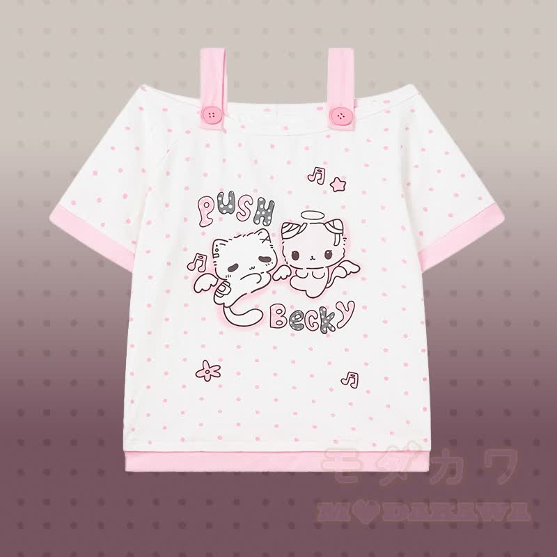 Polka Dot Cat Graphic Top Kitty Gingham Shorts Modakawa Matching Outfit - Pink Top - L - image 5