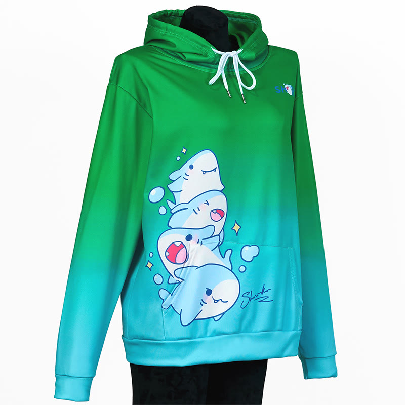 Modakawa Shark Letter Print Loose Hoodie - Green&Blue - 5XL - image 9