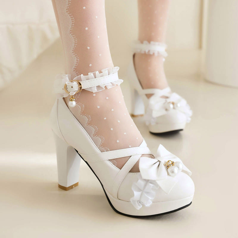 Lace Trim Bow Lolita Heels - White - 46 (Custom) - image 4