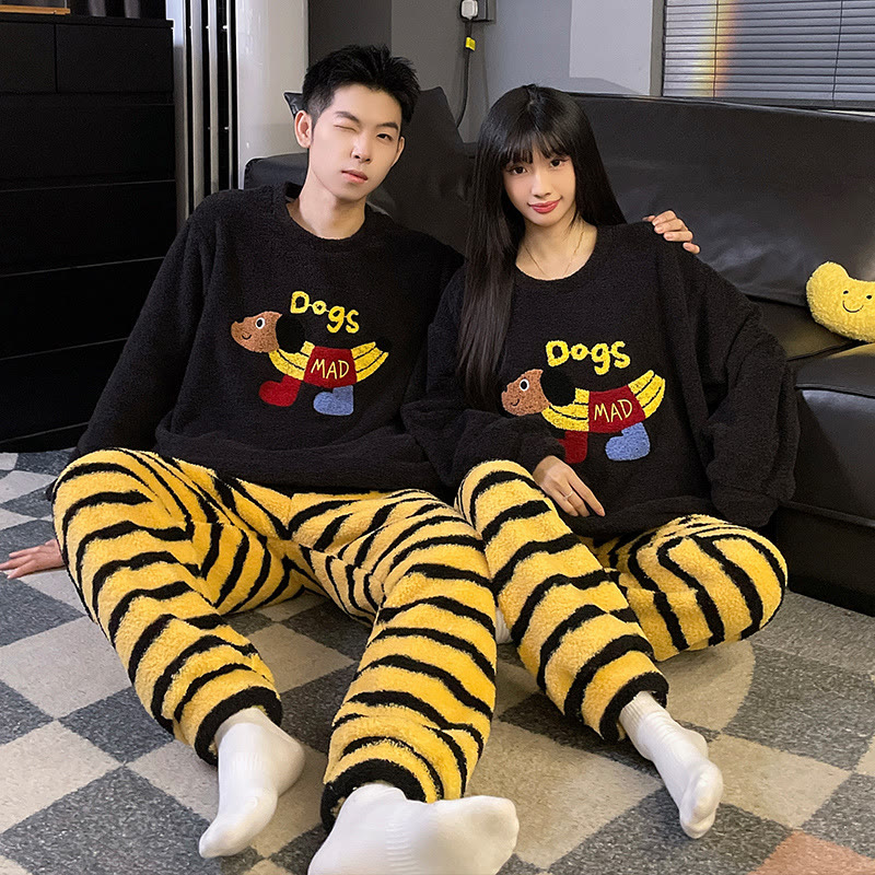 Cute Cartoon Coral Fleece Couple Pajamas - Dogs - Men:3XL - image 4