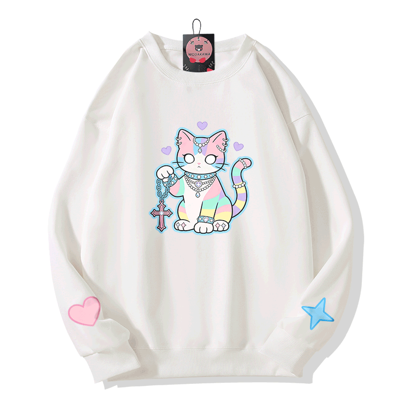 Astrology Cat Graphic Modakawa Sweatshirt - White - 5XL - image 3