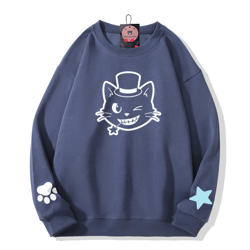 Cat Hat Graphic Modakawa Sweatshirt - Dusty Blue - 5XL - image 6