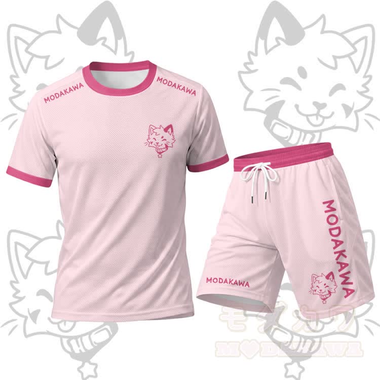 MODAKAWA X popipeko Tongue Out Kitty Graphic Men's Sports T-shirt Drawstring Shorts Matching Outfit - Pink Set - 5XL - image 12