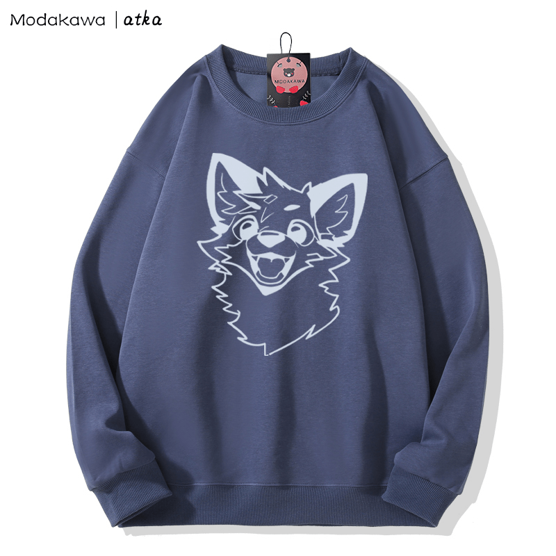MODAKAWA X atka Fox Print Round Collar Sweatshirt - Dusty Blue - 5XL - image 6