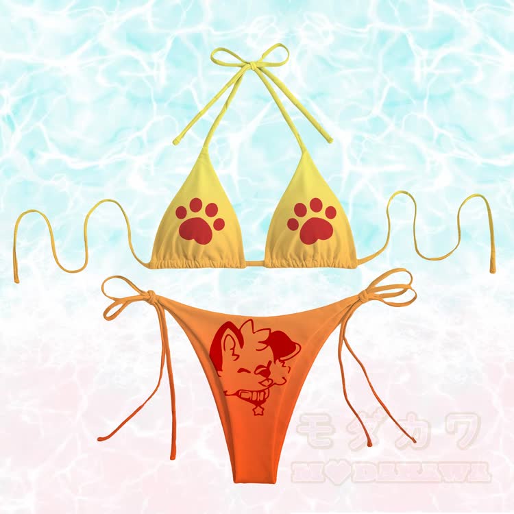 MODAKAWA X popipeko Tongue Out Puppy Paw Graphic Women's Gradient Swimsuit Tie Bikini Set - Yellow & Orange - 4XL - image 4