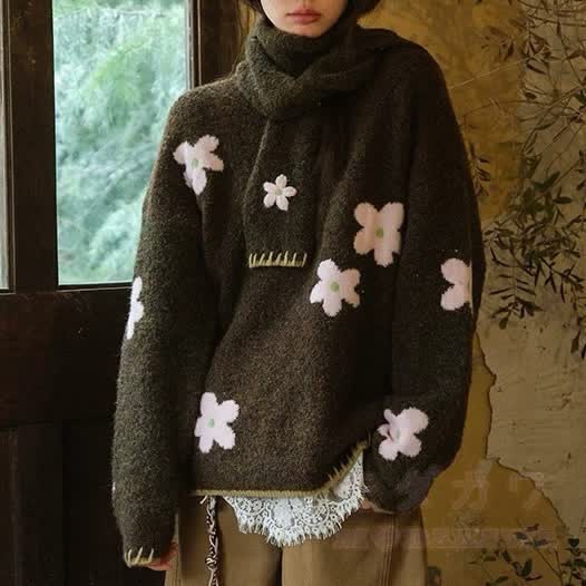 Floral Crew Neck Knit Sweater - Brown - XL - image 5