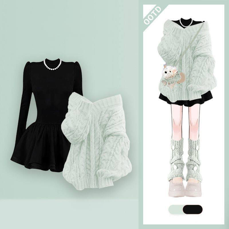 Chic Knit Sweater and Dress Two Pieces Set - Green Top+Black Dress - 4XL - image 4