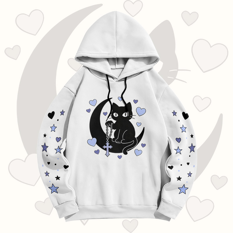 Gradient Black Cat Moon Graphic Modakawa Pullover Hoodie - White A - 6XL - image 9