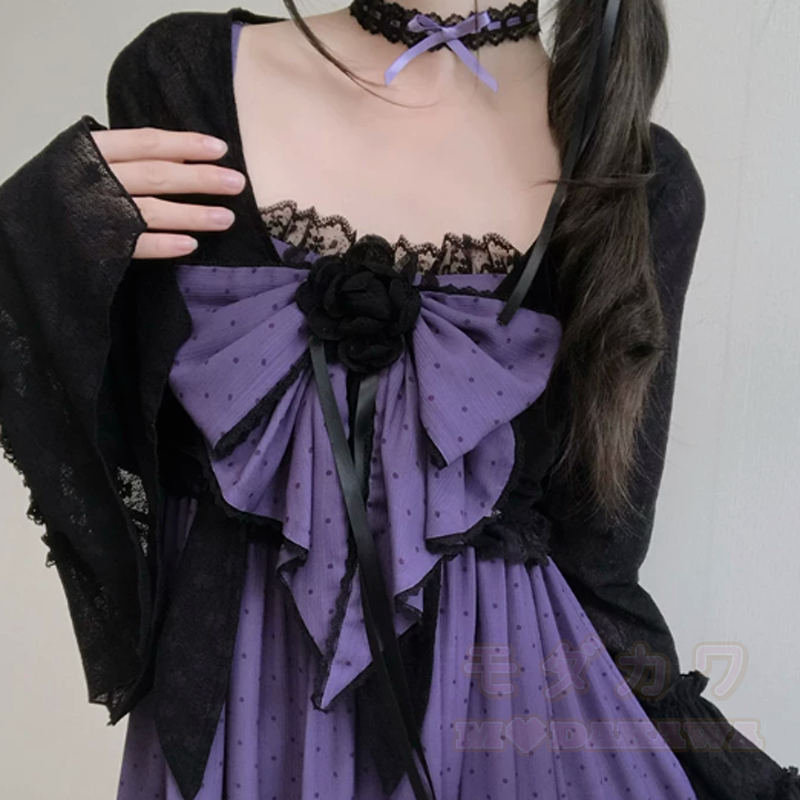 Gothic Lace Cardigan Bow Halter Irregular Ruffle Dress Two Pieces Set - image 6
