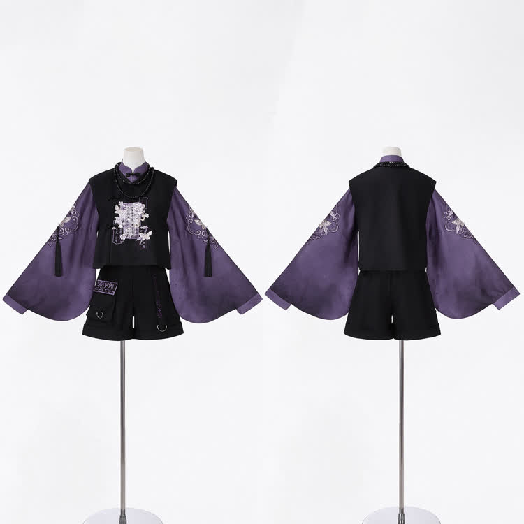 Butterfly Embroidered Vest with Purple Bell Sleeve Top Black Shorts and Necklace - image 6