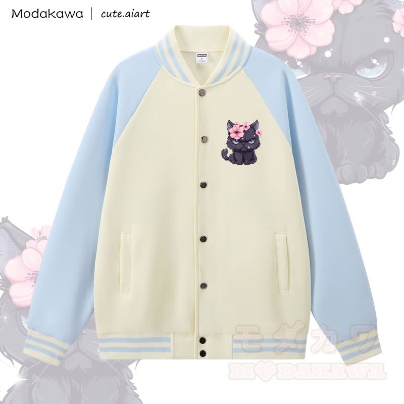 MODAKAWA X cute.aiart Cat Graphic Color Block Baseball Jacket - Apricot & Blue - 5XL - image 3