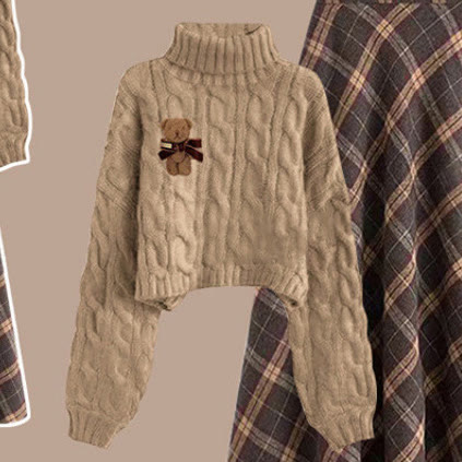 Maillard Knit Sweater and Plaid Skirt Two Pieces Set - Khaki Sweater - XL - image 8