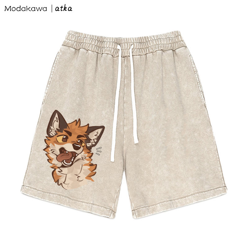 MODAKAWA X atka Playful Fox Face Graphic Vintage Washed Shorts - Apricot - 3XL - image 4