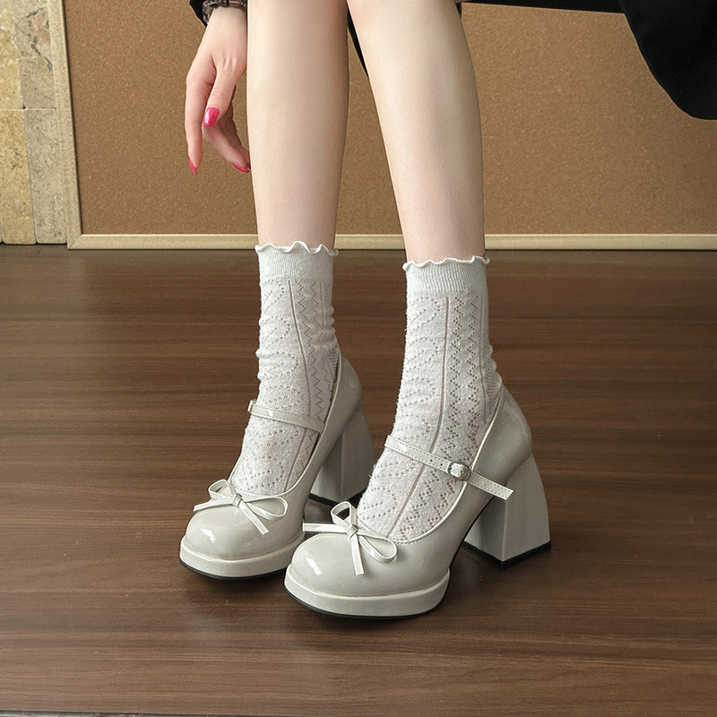 Chic Bow Square Toe Mary Jane Shoes - Beige - 40 - image 8