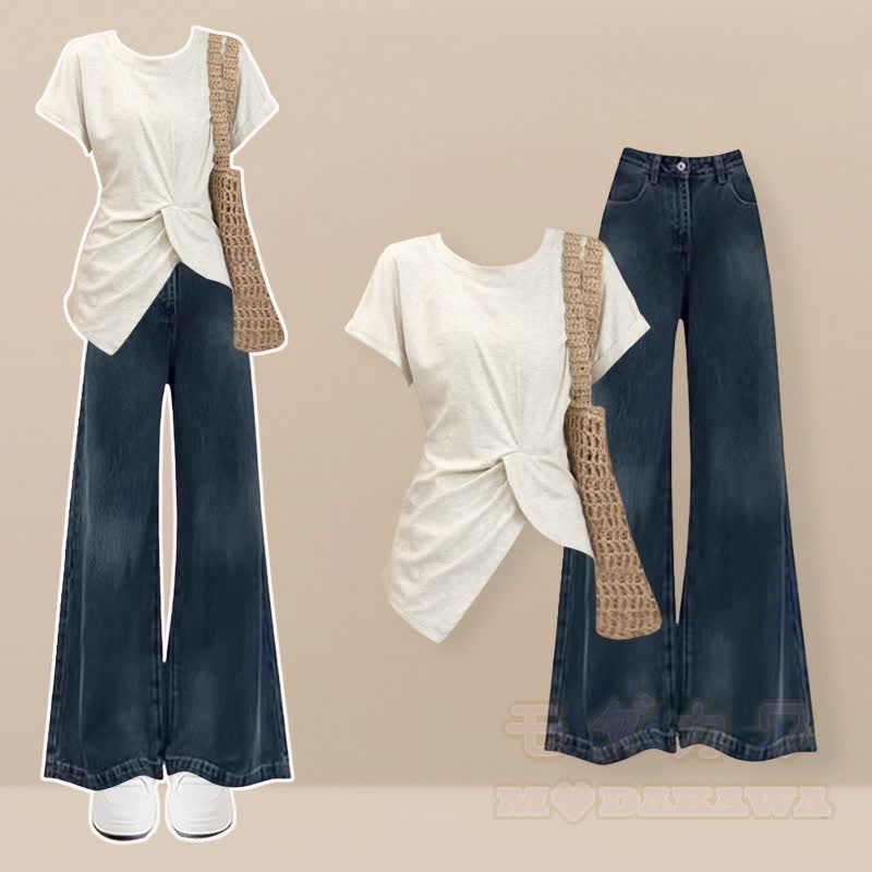 Irregular T-shirt Wide Leg Pantskirt Matching Outfit - Set D - 2XL - image 4