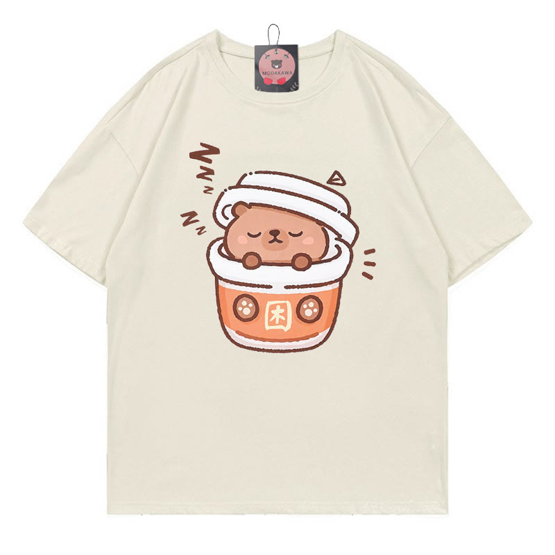 Coffee Capybara Print 100% Cotton Modakawa T-shirt - Beige - 5XL - image 4