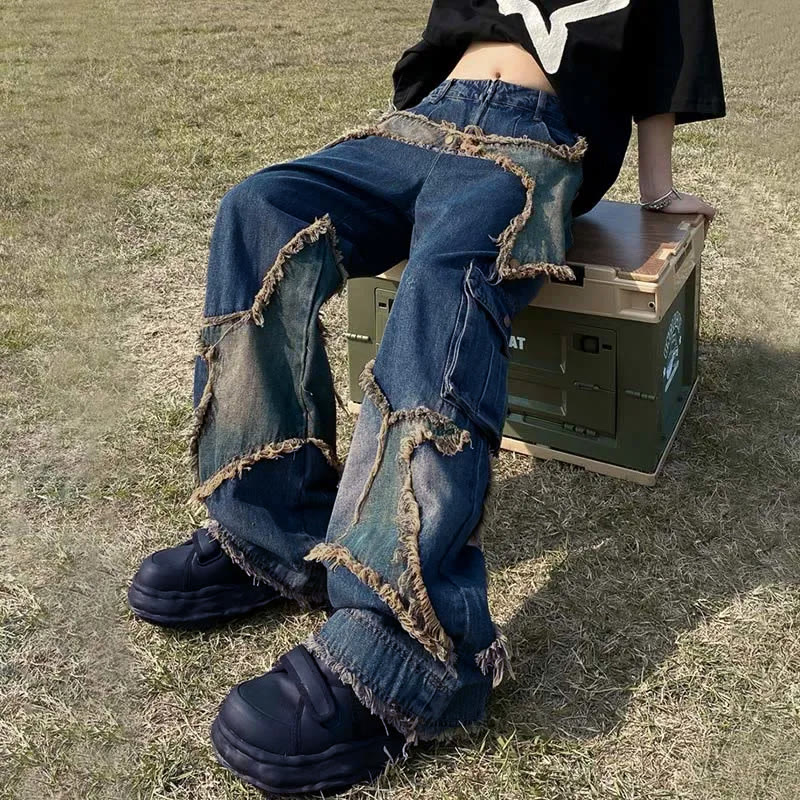 Vintage Star Pattern Loose Denim Pants - image 3