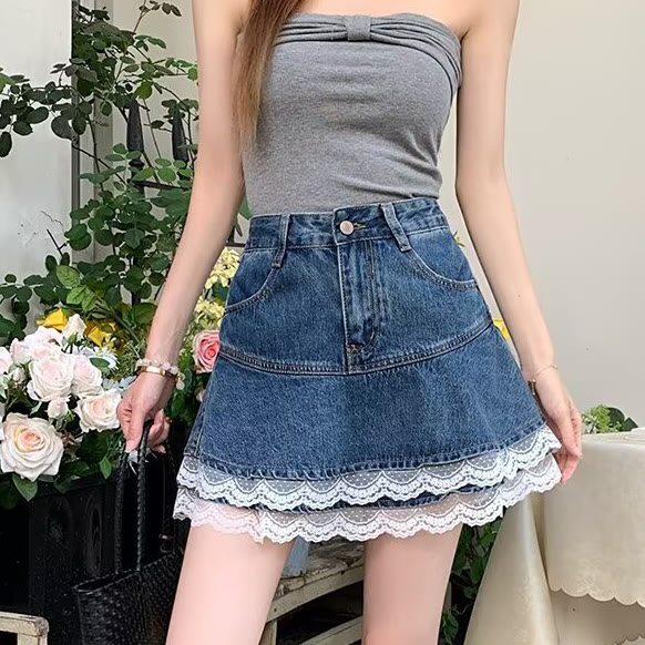 Vintage Lace Patchwork Denim Skirt - image 3