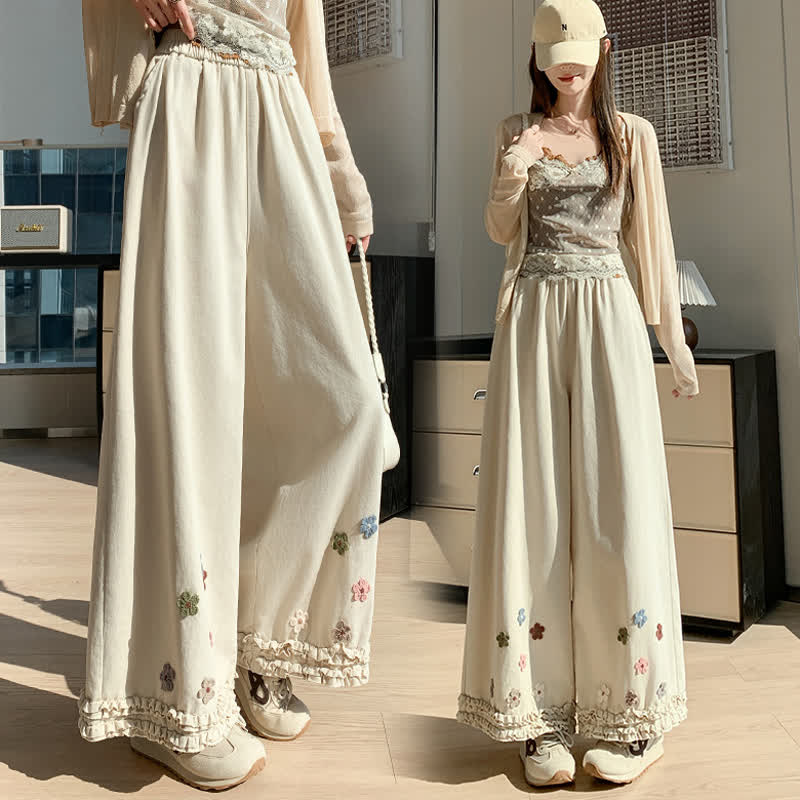 Casual High Waist Loose Floral Decor Straight Pants  - White - 3XL - image 5