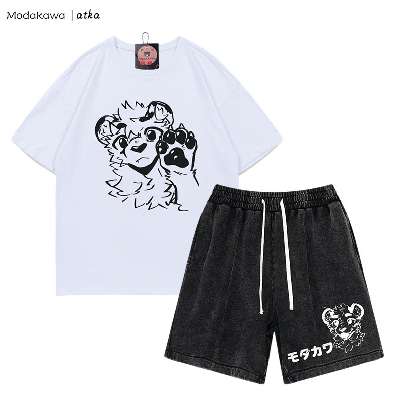 MODAKAWA X atka Tiger Print T-shirt Vintage Washed Shorts Two Pieces Set - White&Black - 3XL - image 7
