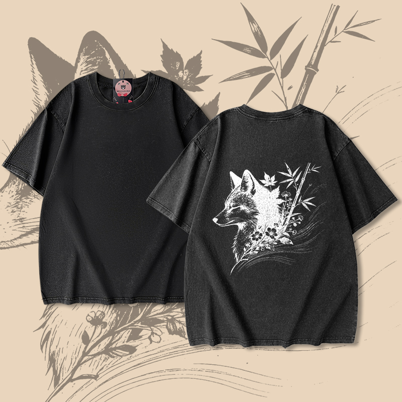Bamboo Fox Graphic Modakawa Unisex Vintage Washed T-shirt - Black - 5XL - image 2
