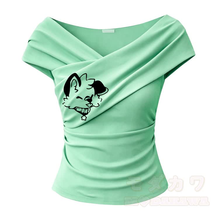 MODAKAWA X popipeko Puppy Graphic Off Shoulder Top with Ruffle Mini Skirt and Leg Warmers - Green Top - One Size - image 7