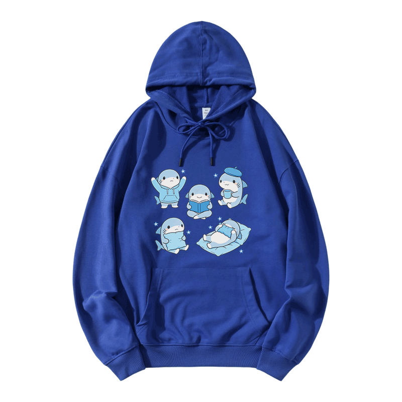 Cute Sharks Graphic Modakawa Loose Cotton-Blend Hoodie - Blue - 5XL - image 7