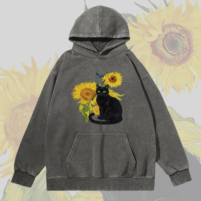 MODAKAWA Unisex Vintage Washed Hoodie Black Cat and Sunflowers Graphic Pullover - Grey - 2XL - image 3