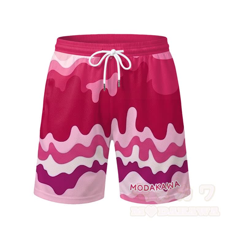Couples Wave Print Modakawa Two Piece Bikini Swimsuit & Men's Beach Swim Shorts - Pink Shorts - 5XL - image 4