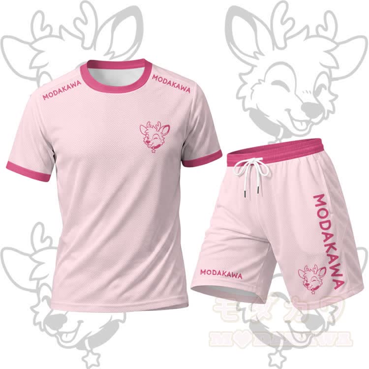 MODAKAWA X popipeko Deer Graphic Men's Sports T-shirt Drawstring Shorts Matching Outfit - Pink Set - 5XL - image 13