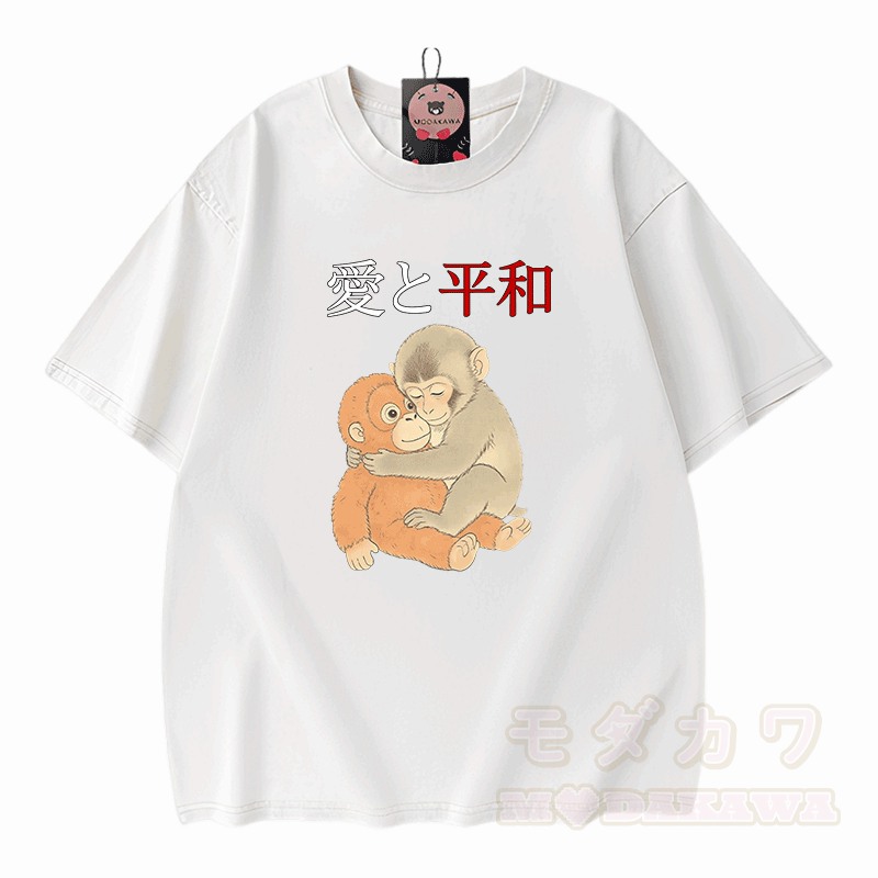 Peace Love Hugging PUNCH Monkey Graphic Modakawa Vintage Washed 100% Cotton T-shirt - White - 5XL - image 3