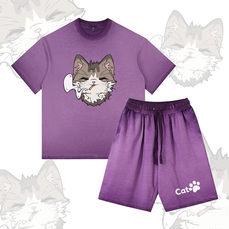 Smoking Cat Graphic Vintage Washed T-shirt CAT Letter Graphic Shorts Modakawa Gradient Two Pieces Set - Purple - 5XL - image 4