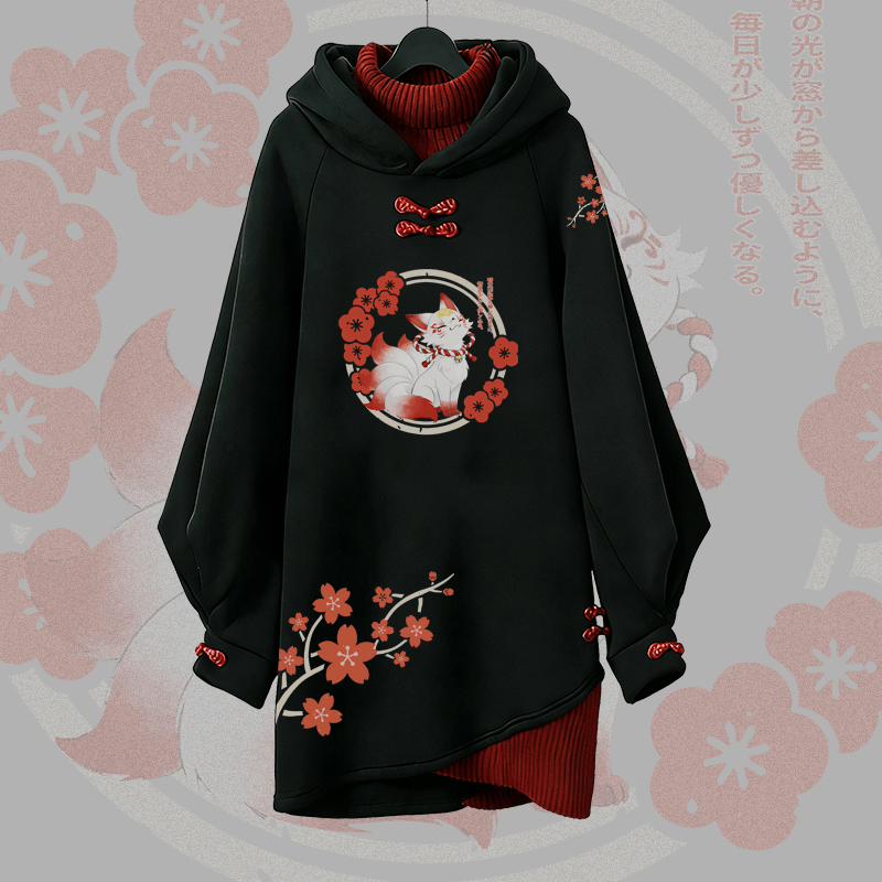 Cherry Blossom Nine-Tailed Fox Graphic Buckle Vintage Hooded Sweatshirt Dress - Black - 3XL - image 1