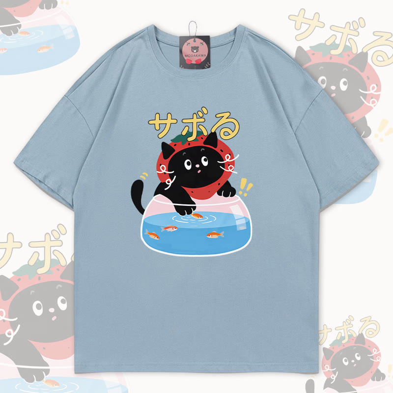 Strawberry Goldfish Cat Graphic Modakawa 100% Cotton T-shirt - Light Gray Blue - 5XL - image 4